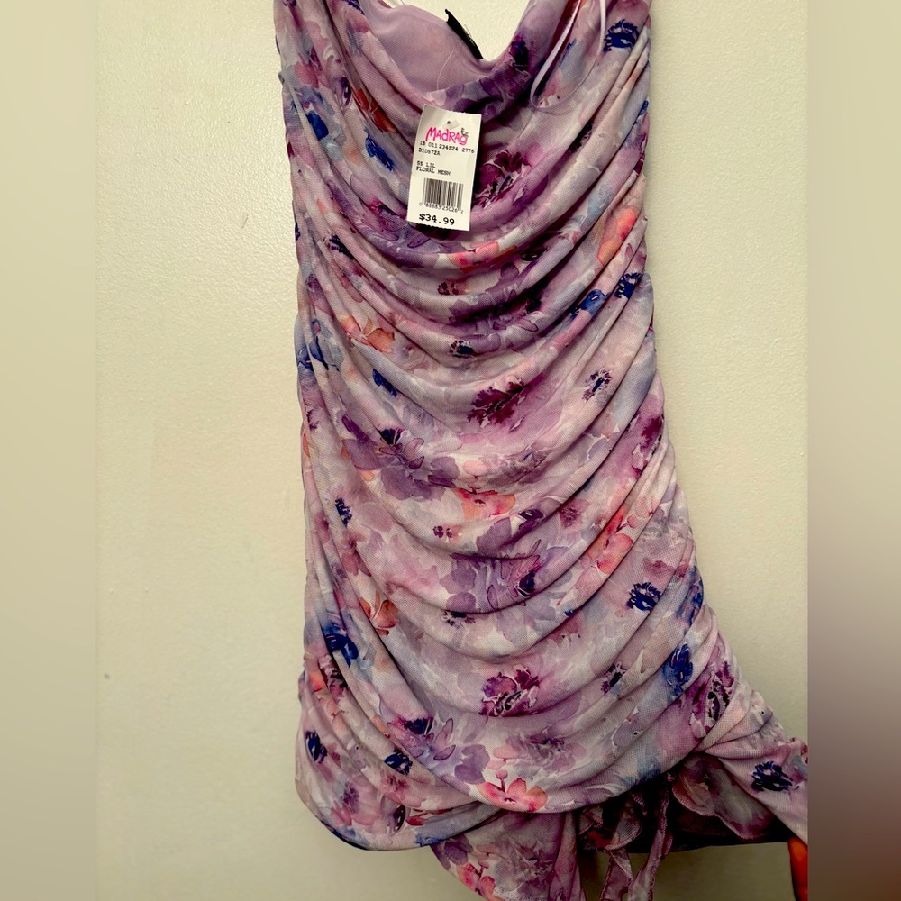 NWT LILAC FLORAL MESH RUCHED DRESS